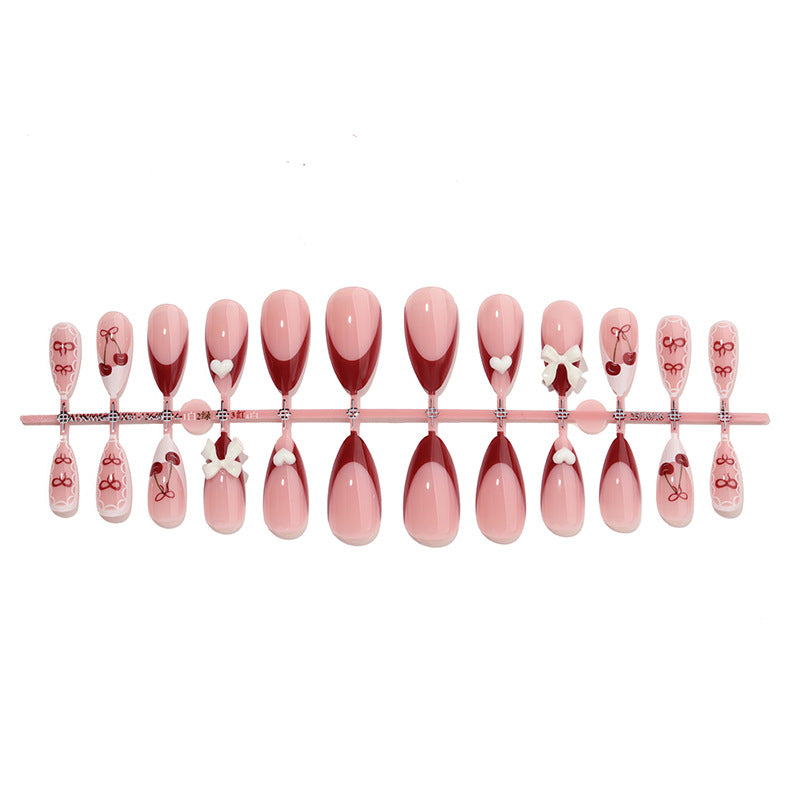 Decorative Press-On Nail Art Set with 3D Bow and Cherry Designs Stornfield