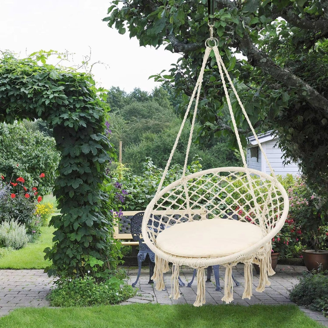 Macrame hanging swing chair boho woven fringe indoor outdoor hammock seat Stornfield