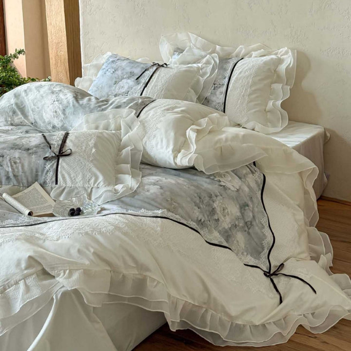 luxurious romantic bedding set with lace trim and ruffles