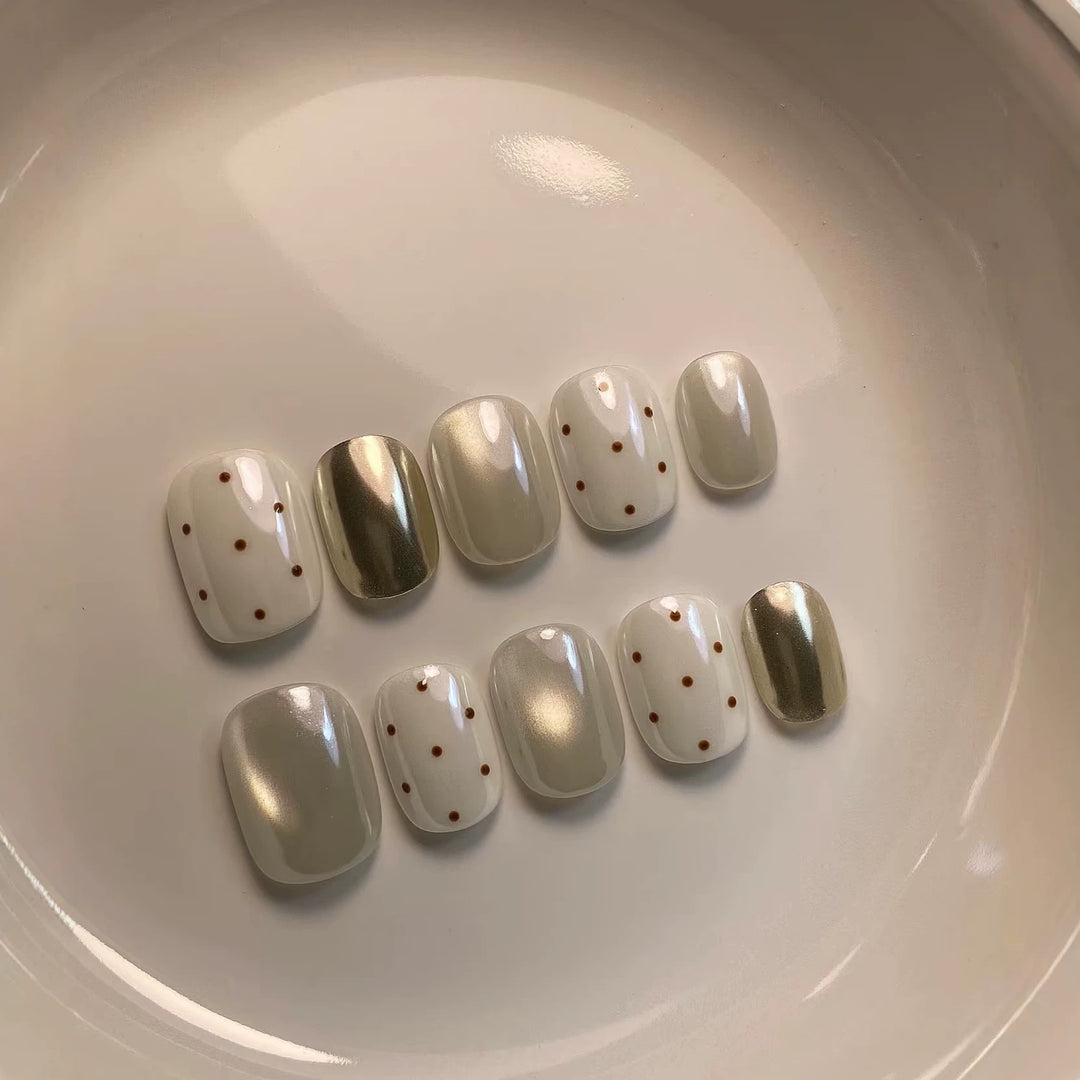 Press-On Nail Art Set with Elegant Dot and Metallic Accents