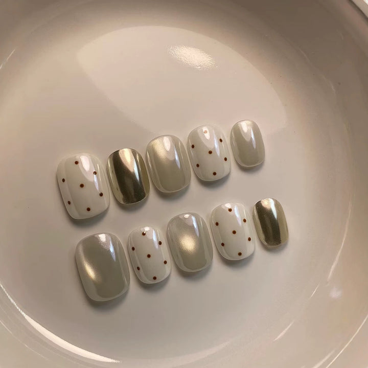 Press-On Nail Art Set with Elegant Dot and Metallic Accents