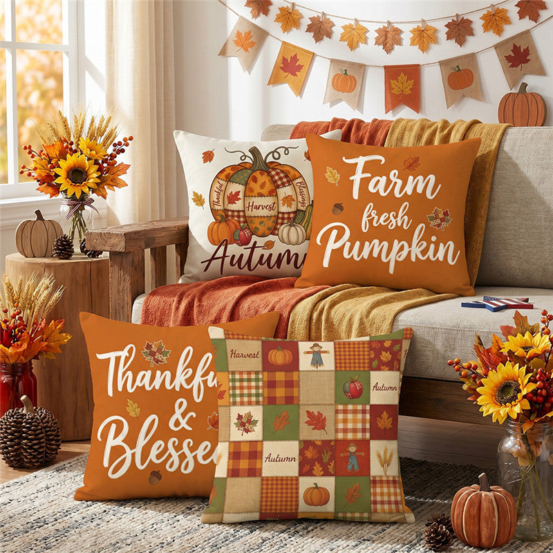 Decorative Harvest-Themed Throw Pillow Covers with Linen Texture