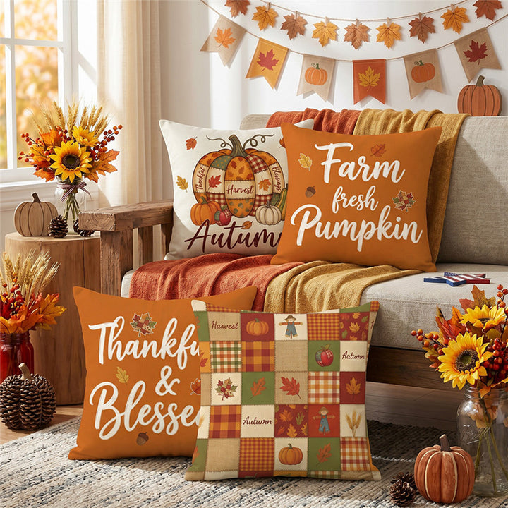 Decorative Harvest-Themed Throw Pillow Covers with Linen Texture