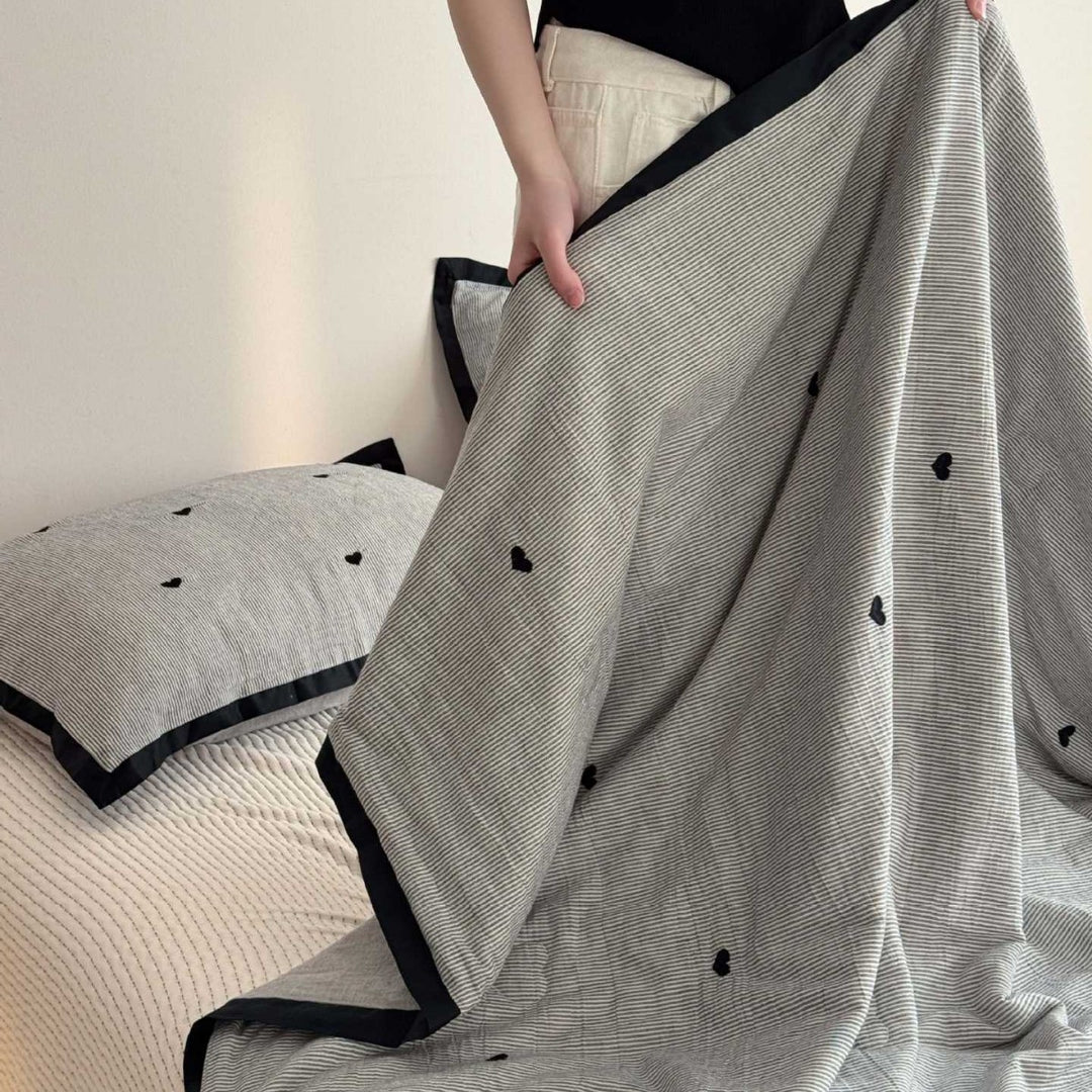 Quilted Lightweight Cotton Bedspread with Fine Pinstripe Texture and Contrast Piping