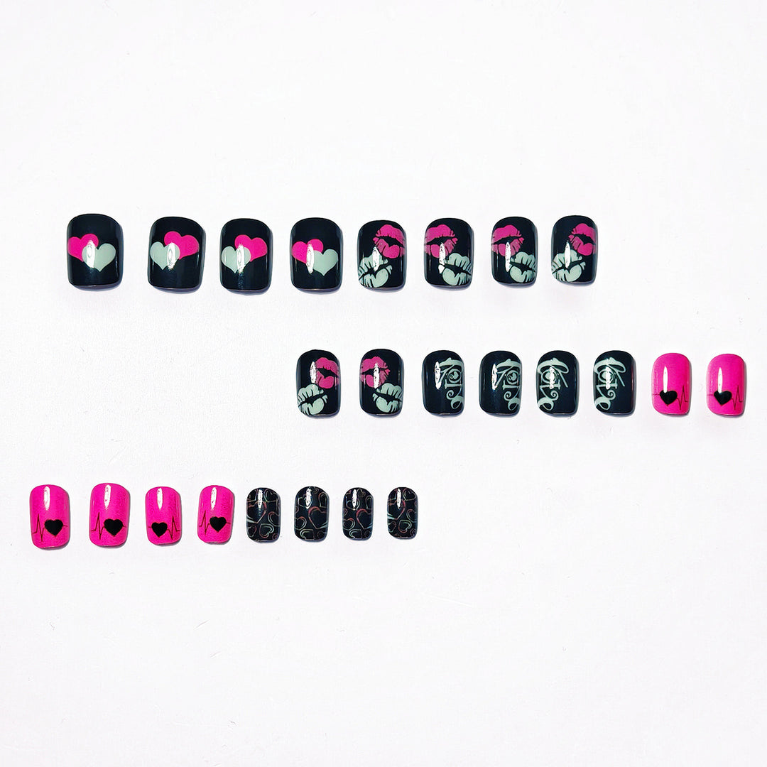 Acrylic nail design with hearts and kiss motifs Stornfield