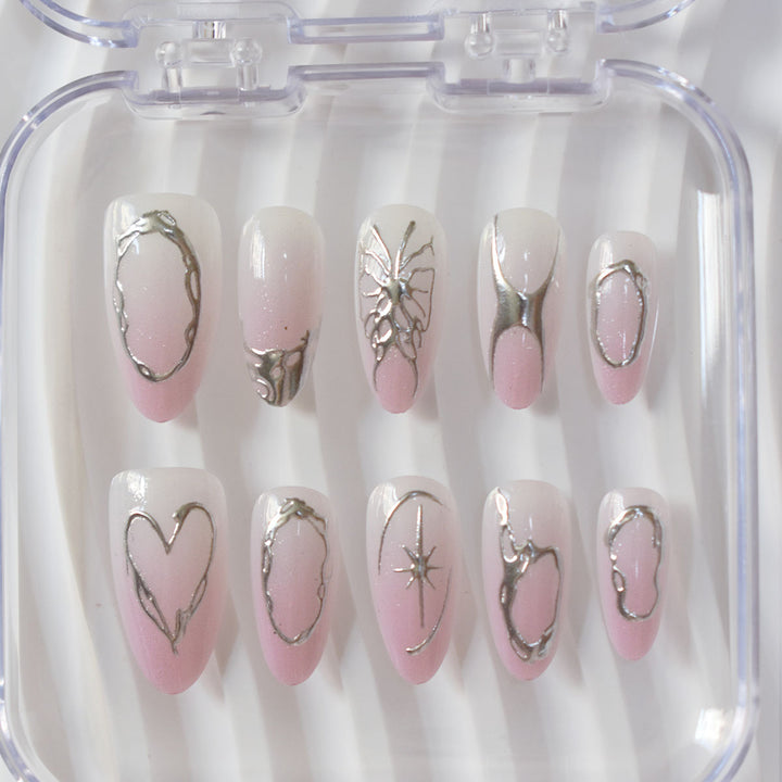 Elegant Artistic Stiletto Press-On Nails with Silver Accents Stornfield