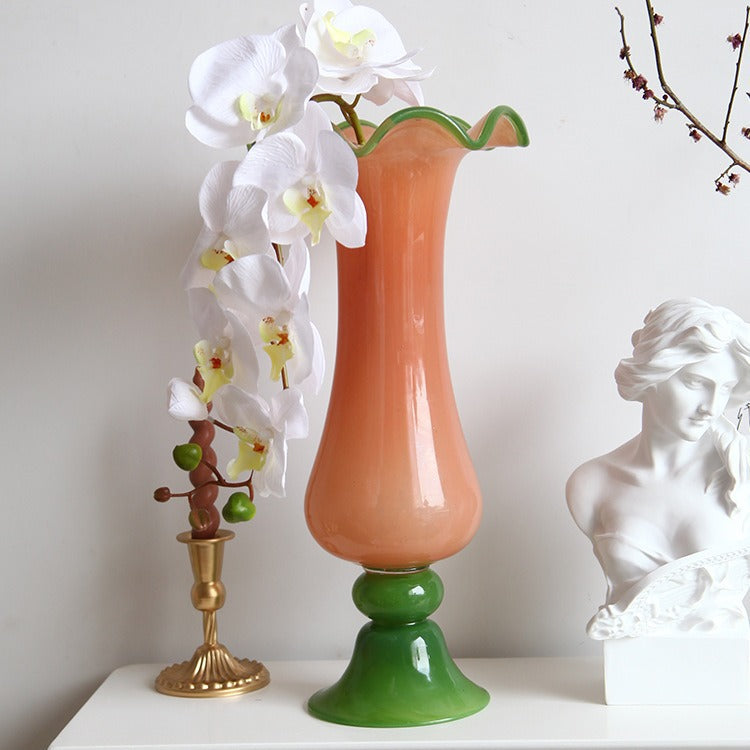 Handblown Fluted Pedestal Art Glass Trumpet Vase Stornfield