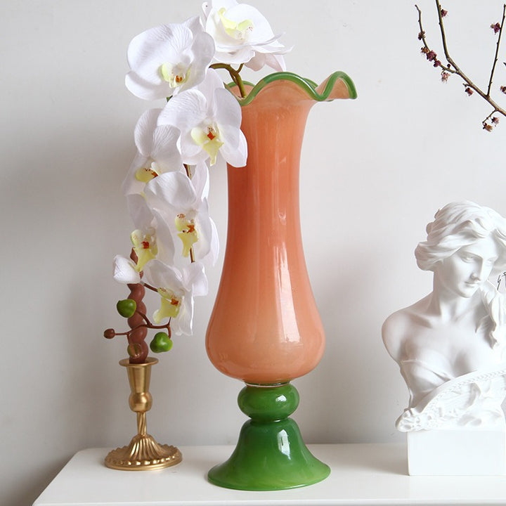 Handblown Fluted Pedestal Art Glass Trumpet Vase Stornfield