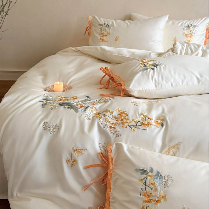Botanical Embroidered Satin Duvet Cover Set with Ribbon-Tie Shams