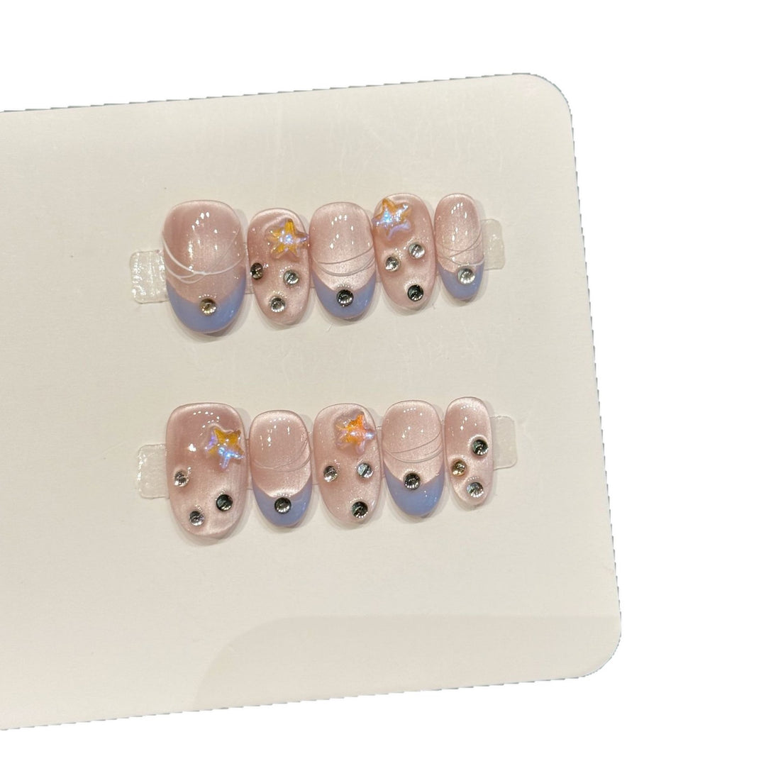 Decorative Press-On Nail Art Set with Star Design and Rhinestone Accents