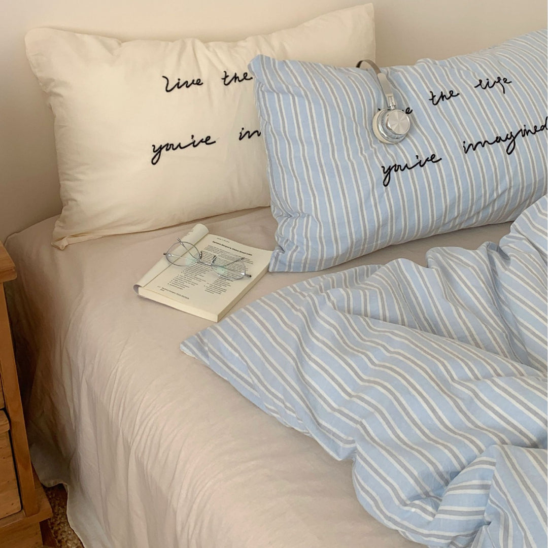 Reversible Cotton Duvet Cover Set with Script-Embroidered Pillowcases and Deep-Pocket Fitted Sheet