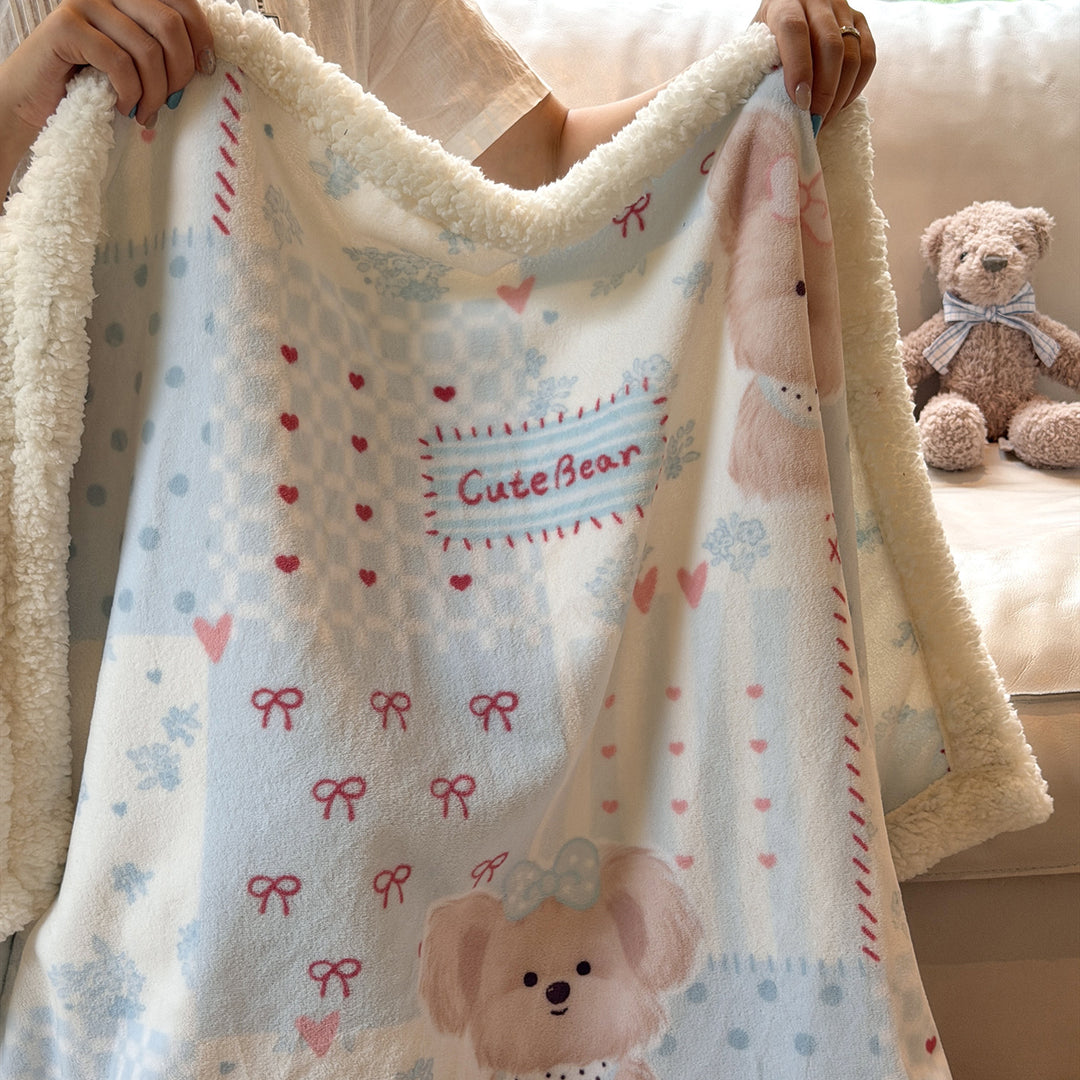 Plush Sherpa-Lined Teddy Print Reversible Throw Blanket