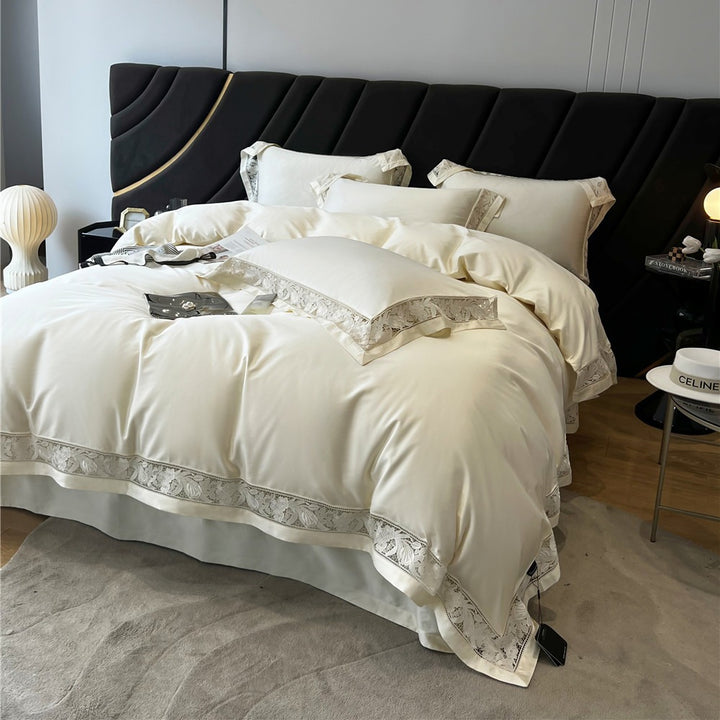 Luxury Lace-Trim Satin Duvet Cover Bedding Set