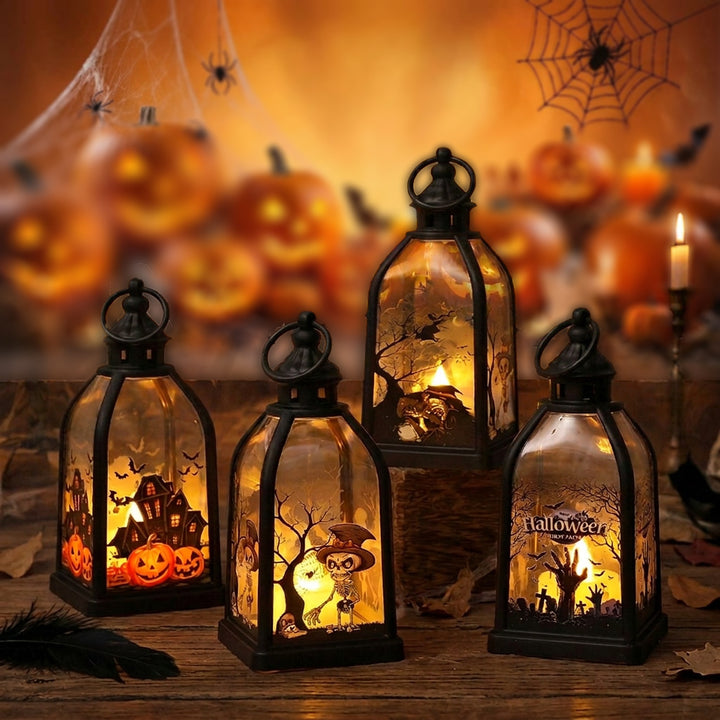Halloween-Decorative lantern with LED imitation candle and skeleton glass inserts antique look