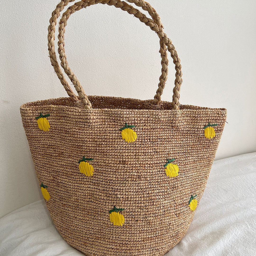 Handmade straw bag with colorful lemon design Stornfield