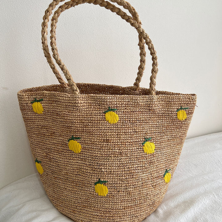 Handmade straw bag with colorful lemon design Stornfield