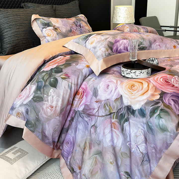Luxurious satin bedding set with rose pattern and silky shiny surface