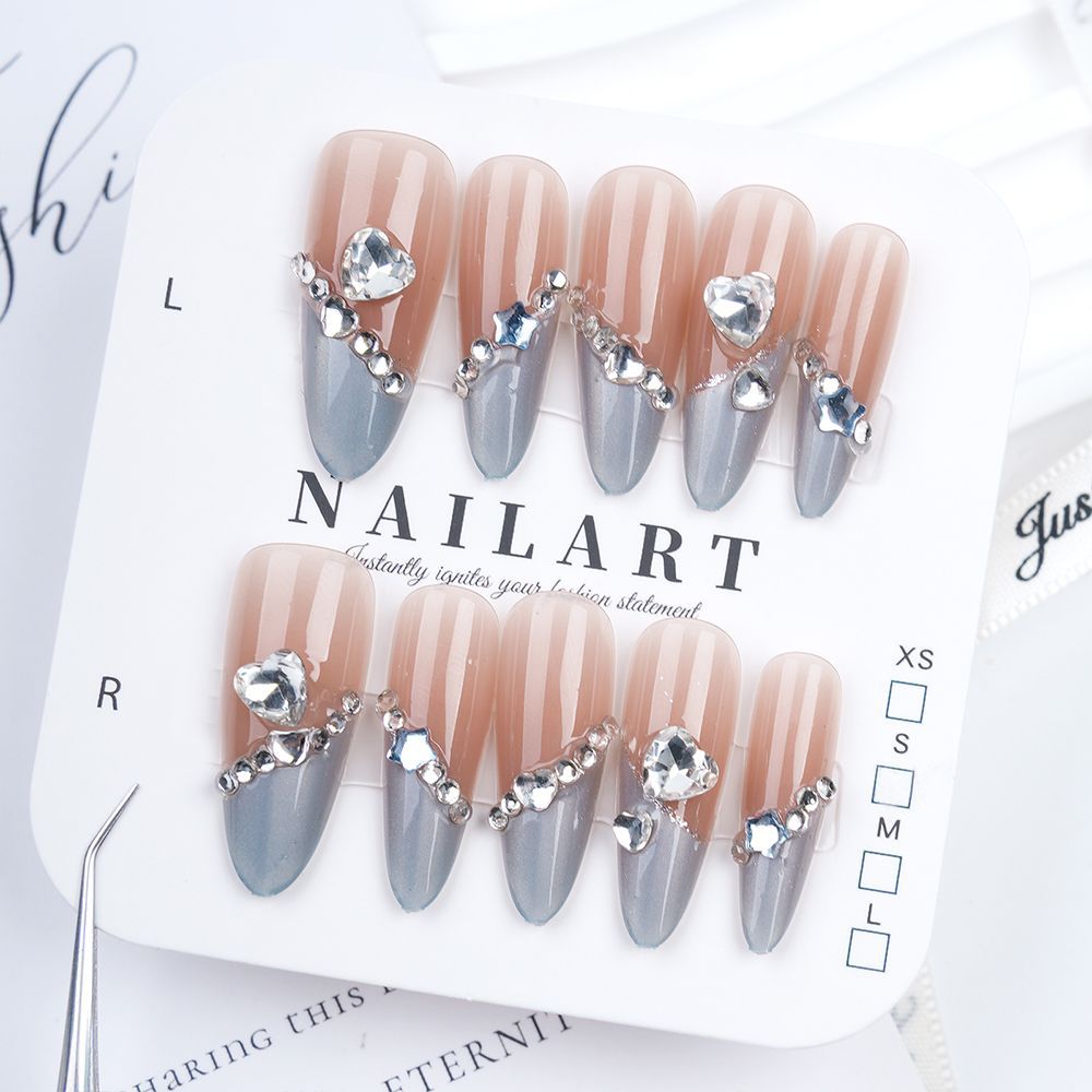 Decorative Press-On Nail Set with Elegant Floral and Gemstone Accents Stornfield