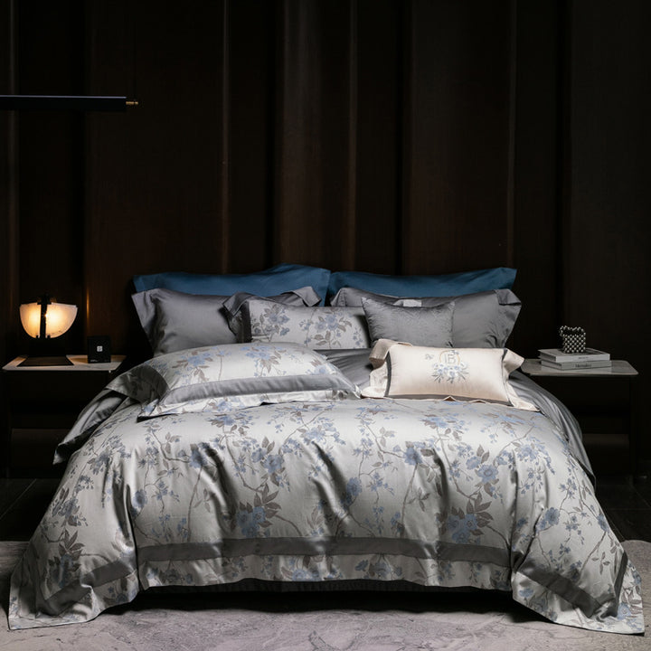 Floral Jacquard Sateen Duvet Cover Bedding Set with Reversible Silky Backing and Embroidered Accent Pillow