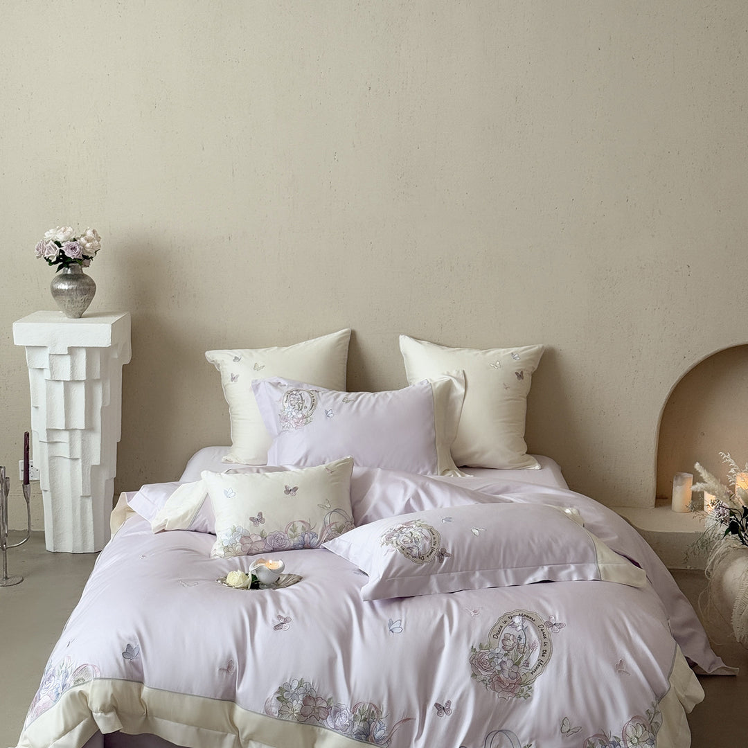 Luxurious satin bedding set with floral embroidery