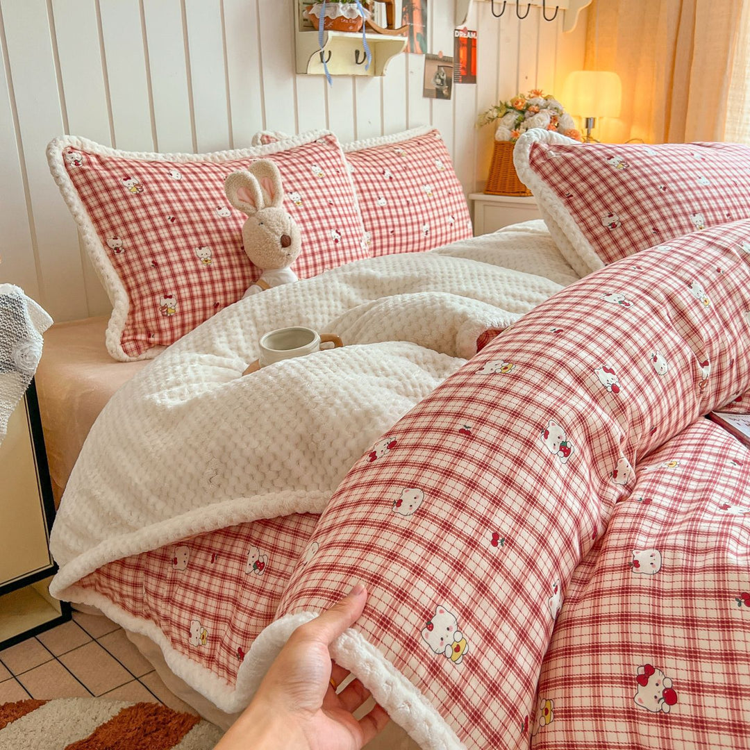 Plush Reversible Sherpa Duvet Cover Set with Quilted Waffle Comforter and Scalloped Pillow Shams