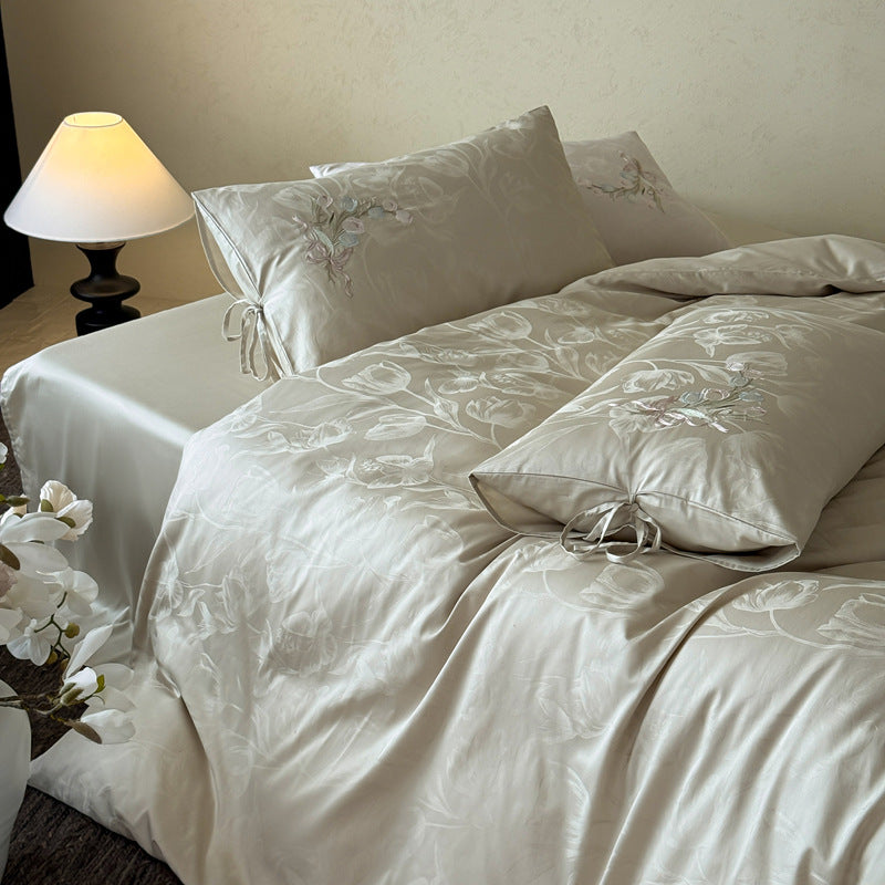 Embroidered Jacquard Floral Duvet Cover Set with Tie-Closure Pillow Shams