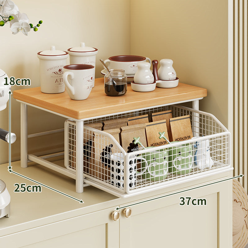 Countertop Wooden Top Metal Storage Rack with Sliding Wire Basket