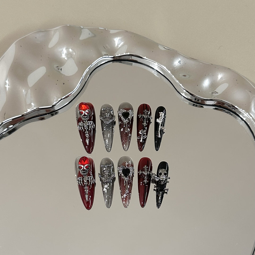 Gothic-Themed Press-On Nail Art Set with Unique Silver Accents