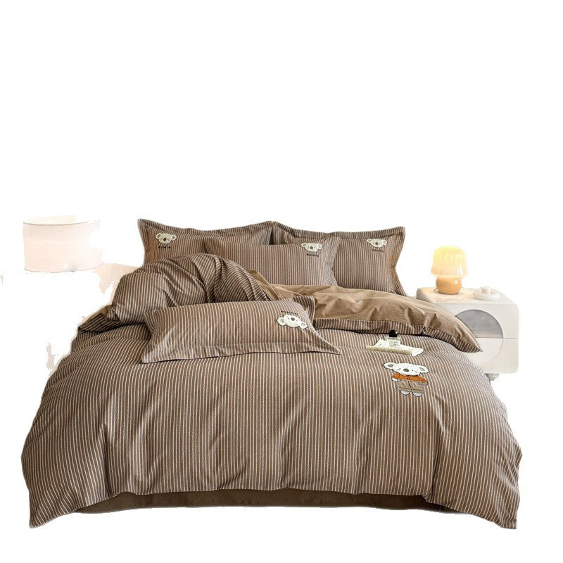 Green Striped Cotton-Rich Duvet Cover Set with Embroidered Koala and Reversible Brown Lining