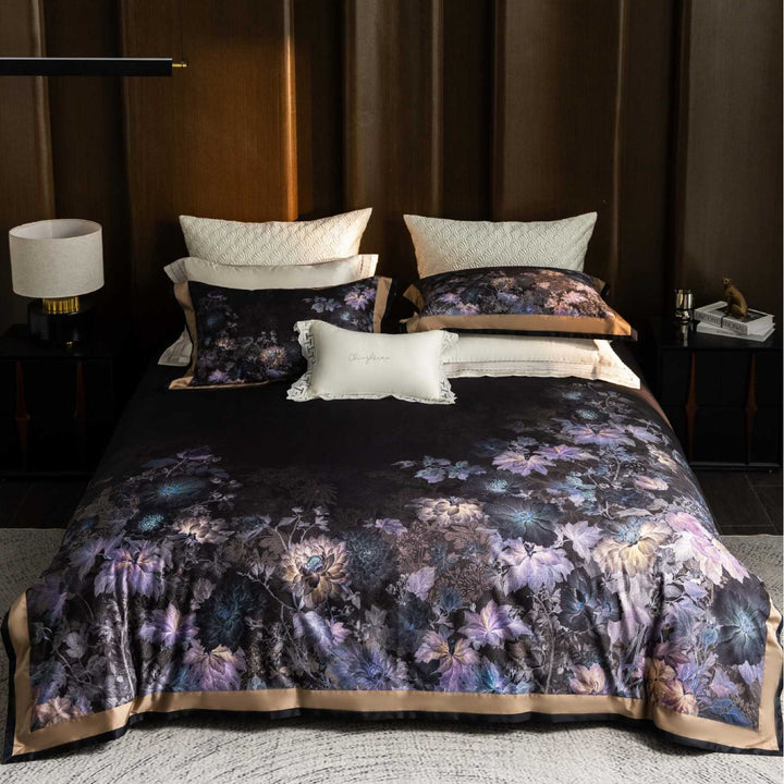 Botanical Printed Sateen Duvet Cover Set with Silk-Like Satin Hem and Decorative Shams