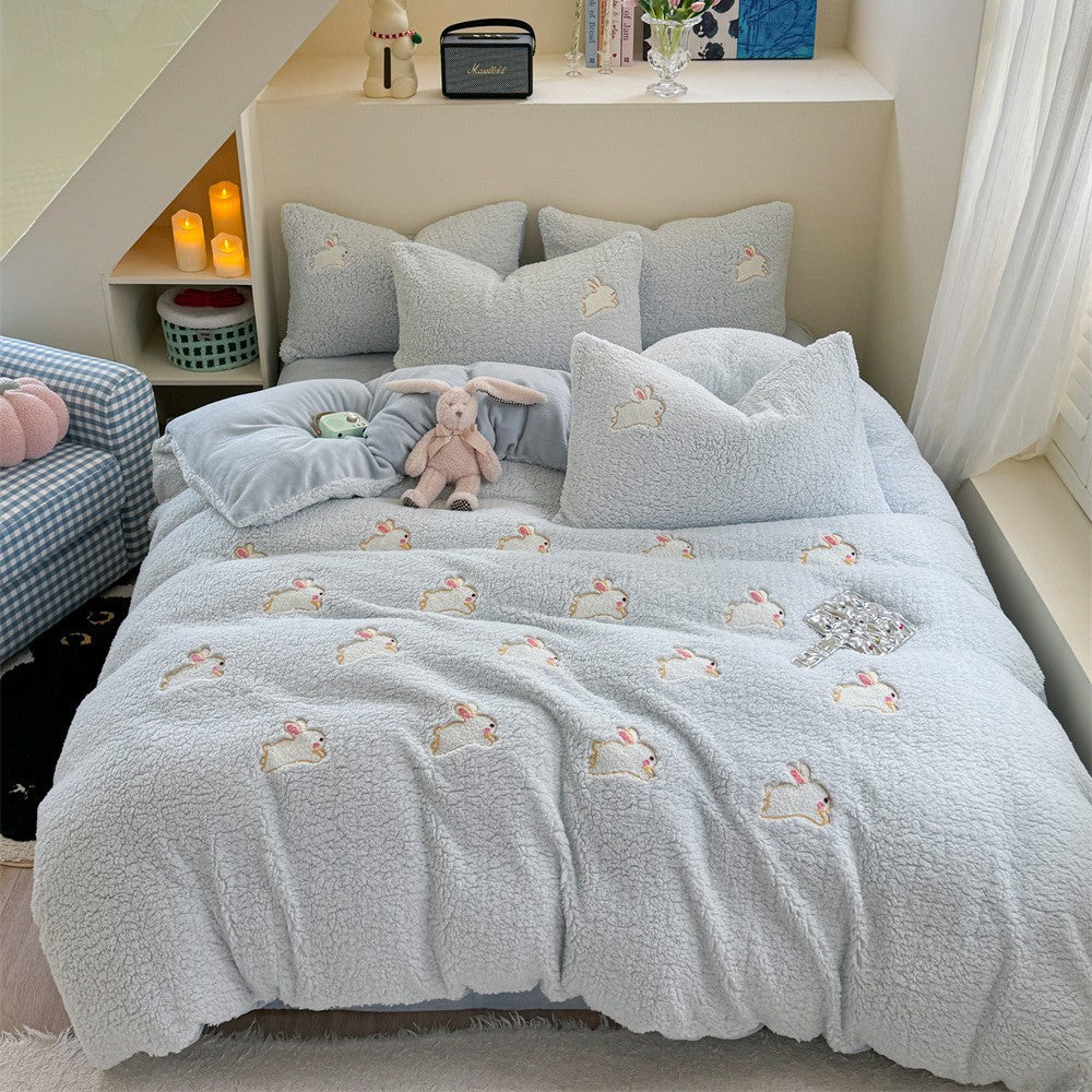 Plush Sherpa Bunny Embroidered Duvet Comforter Set