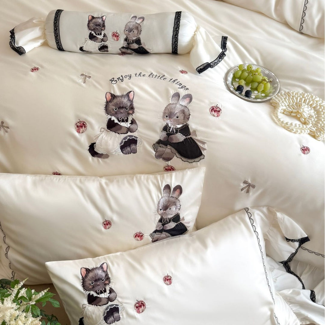 Embroidered Ruffled Satin-Feel Duvet Cover Set with Animal Appliqué & Decorative Bolster