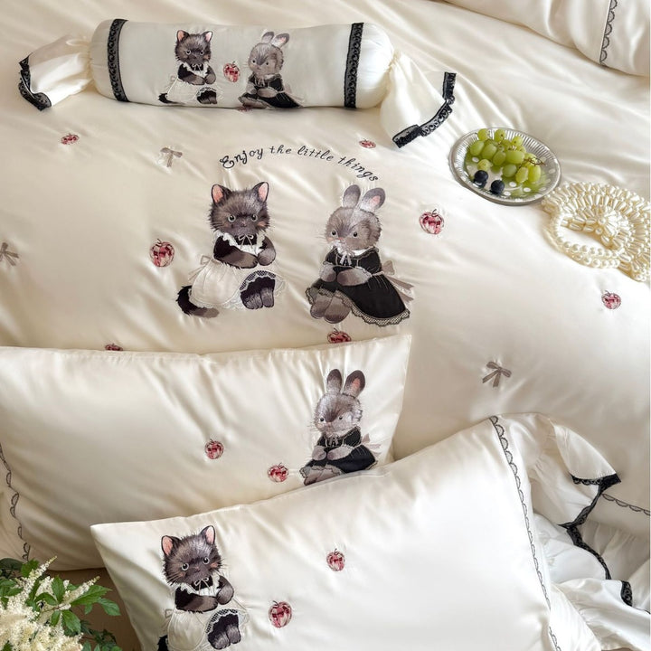 Embroidered Ruffled Satin-Feel Duvet Cover Set with Animal Appliqué & Decorative Bolster