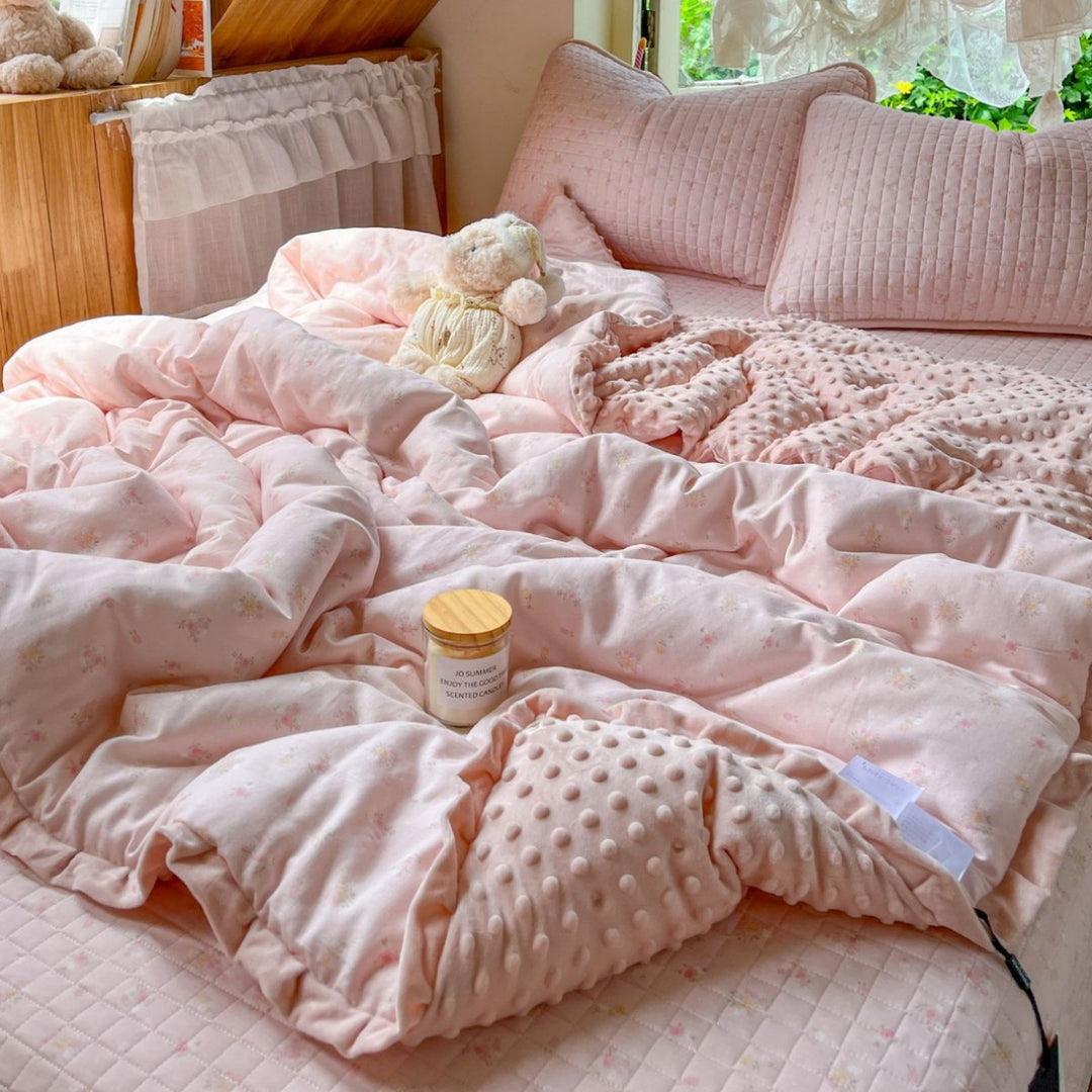 Children's Quilted Reversible Minky-Back Duvet Comforter Set with Ruffled Edge