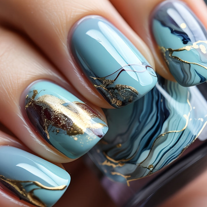 Luxury artificial nails with maritime marble design Stornfield