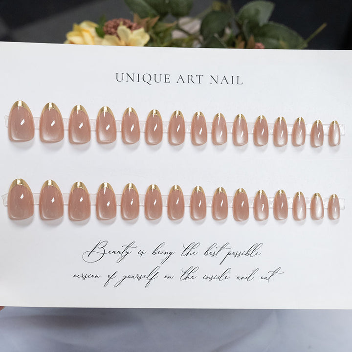 Glossy French Tip Press-On Nails with Metallic Accents