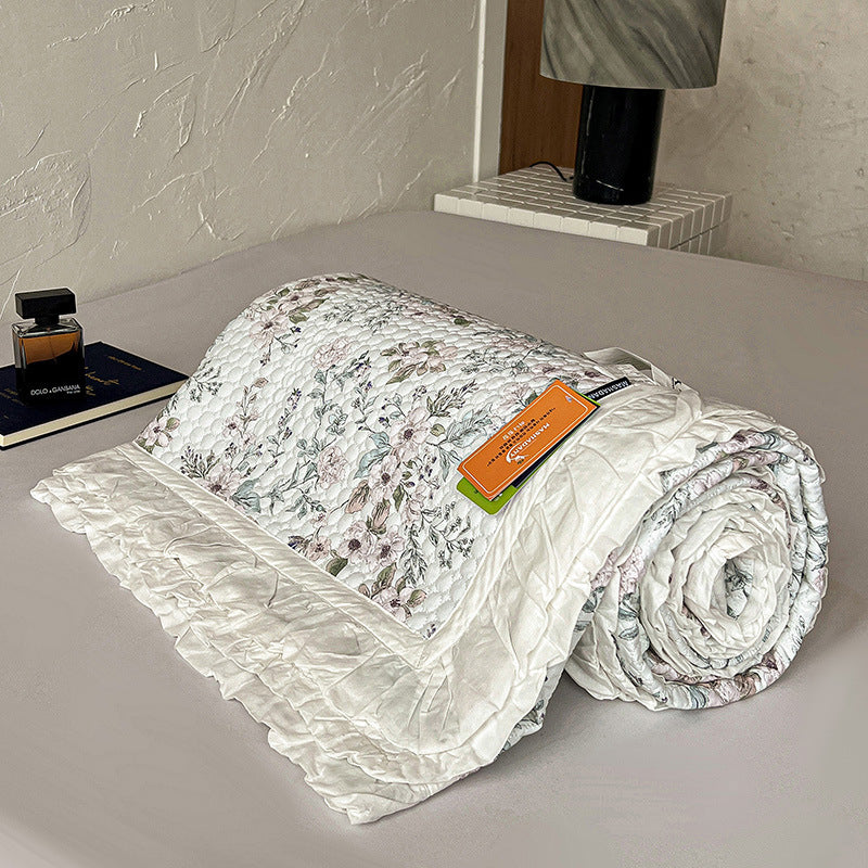Quilted Bedspread Coverlet with Ruffled Edge and Mini Floral Print