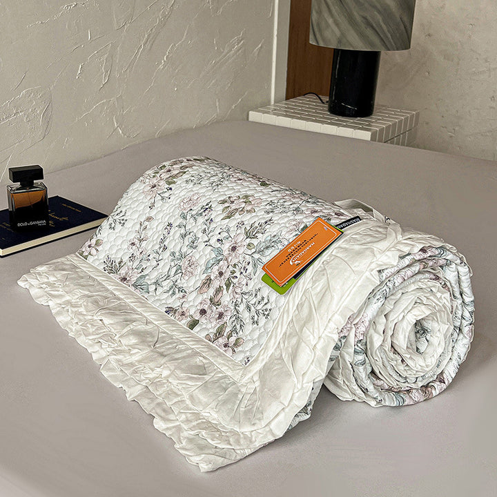 Quilted Bedspread Coverlet with Ruffled Edge and Mini Floral Print