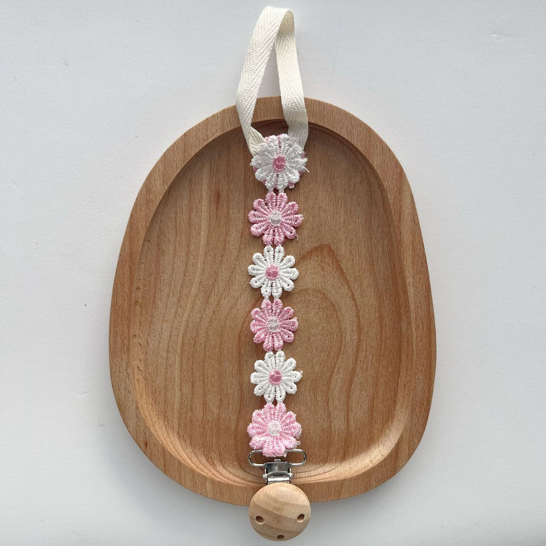 Crochet Floral Pacifier Clip with Wooden Bead Clip
