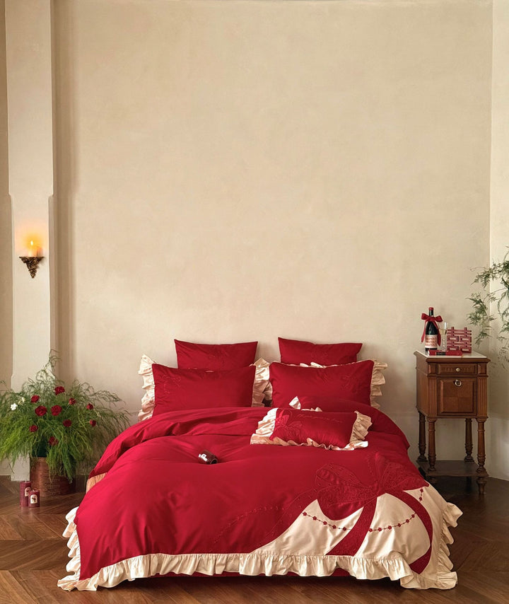 Premium Satin Bed Set with Ruffle Frill and Appliquéd Bow Embroidery Stornfield