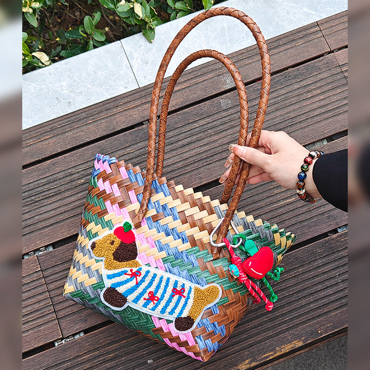 Handcrafted basket bag with colorful animal design Stornfield