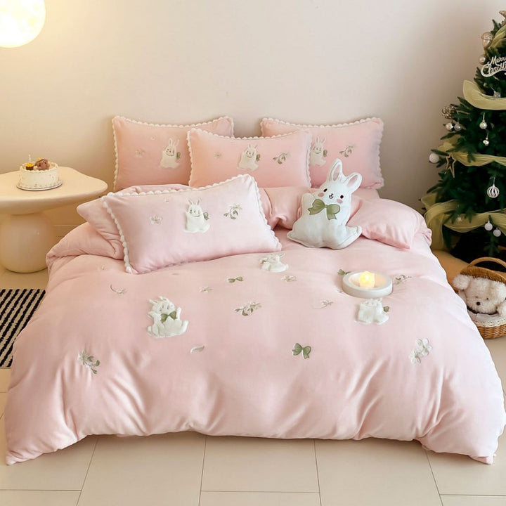 Pastel Embroidered Bunny Plush-Accent Cotton Duvet Cover Set with Scalloped Pillow Shams