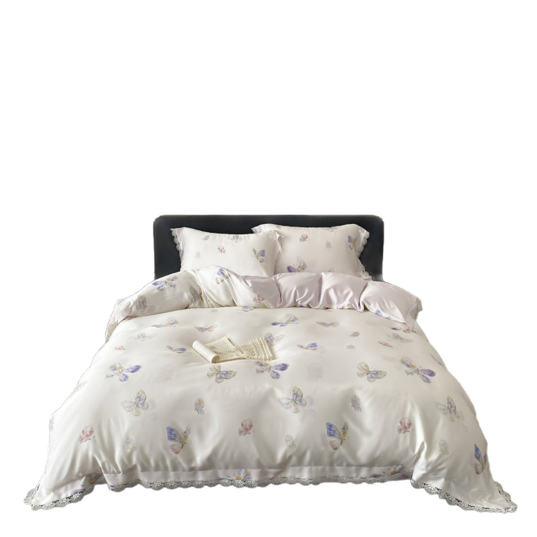 Floral Lace-Trim Satin Sateen Duvet Cover Set with Pillow Shams