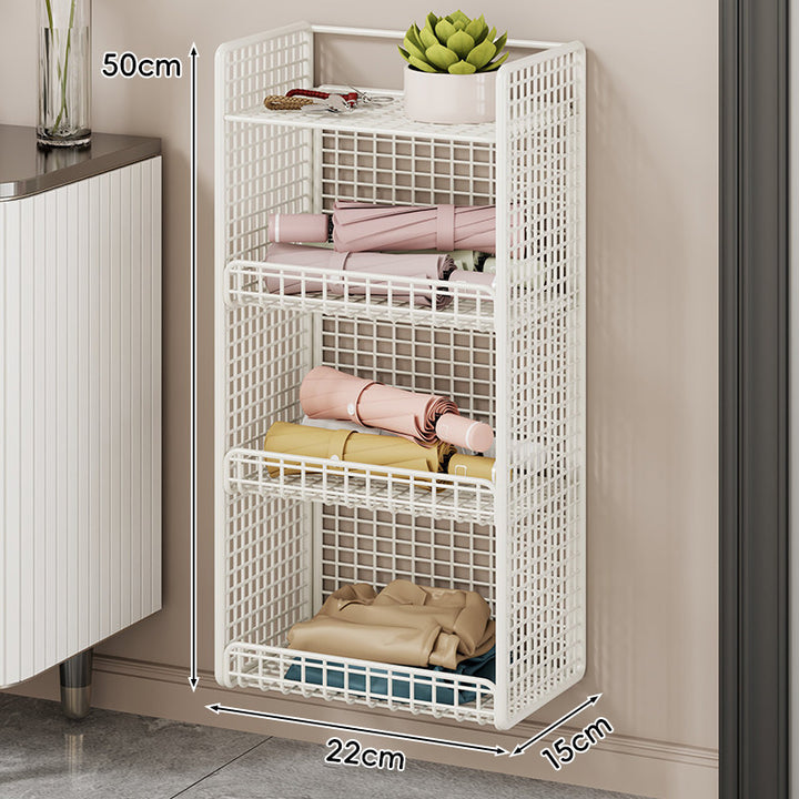 Wall-Mounted Mesh Entryway Organizer with Three-Tier Shelves and Side Umbrella Rack