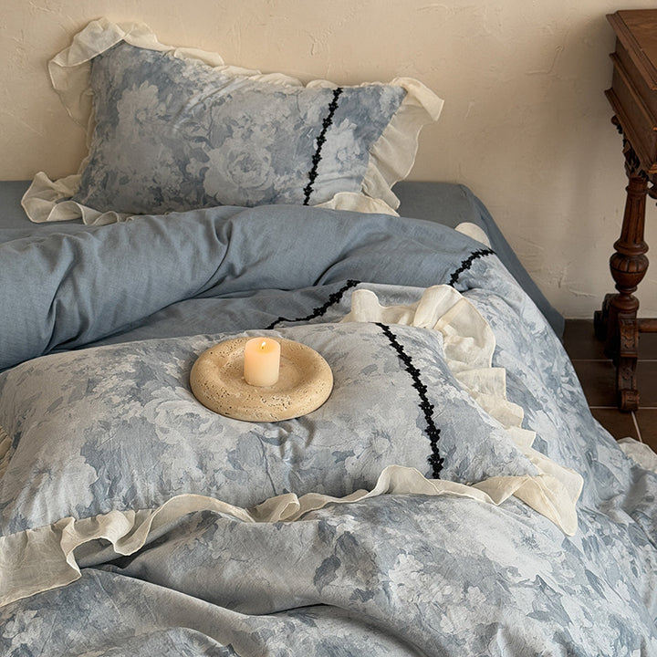 Washed Linen-Feel Floral Duvet Cover Set with Ruffled Gauze Trim & Lace-Piped Shams