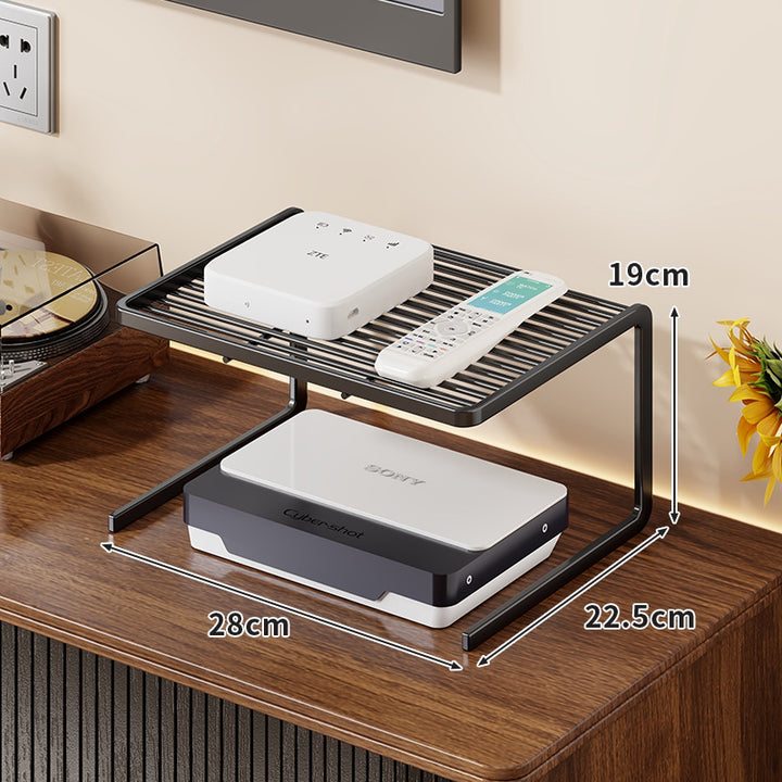 Two-Tier Ventilated Metal Electronics Organizer Shelf for Routers, Set-Top Boxes and Remotes