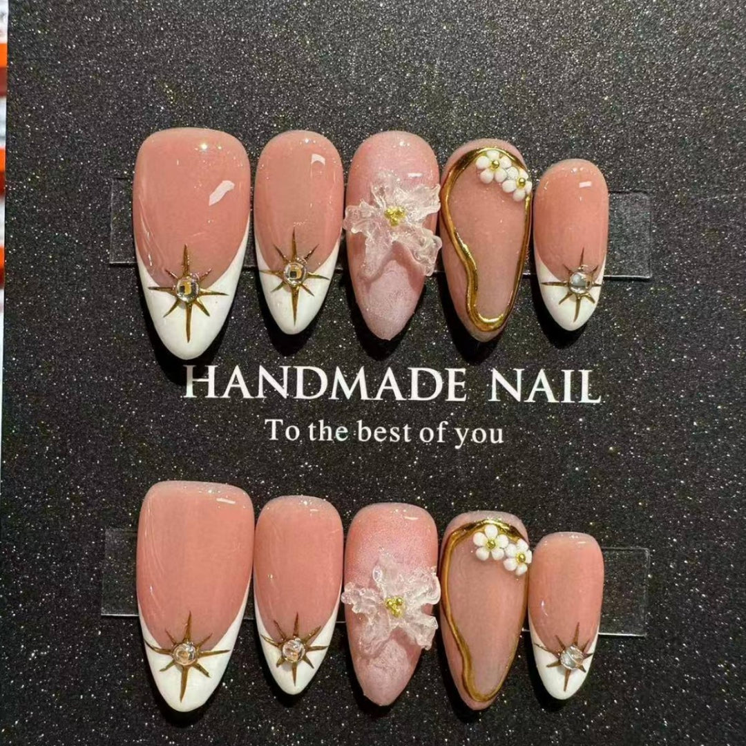 Handmade Floral Press-On Nail Art Set with Elegant Design