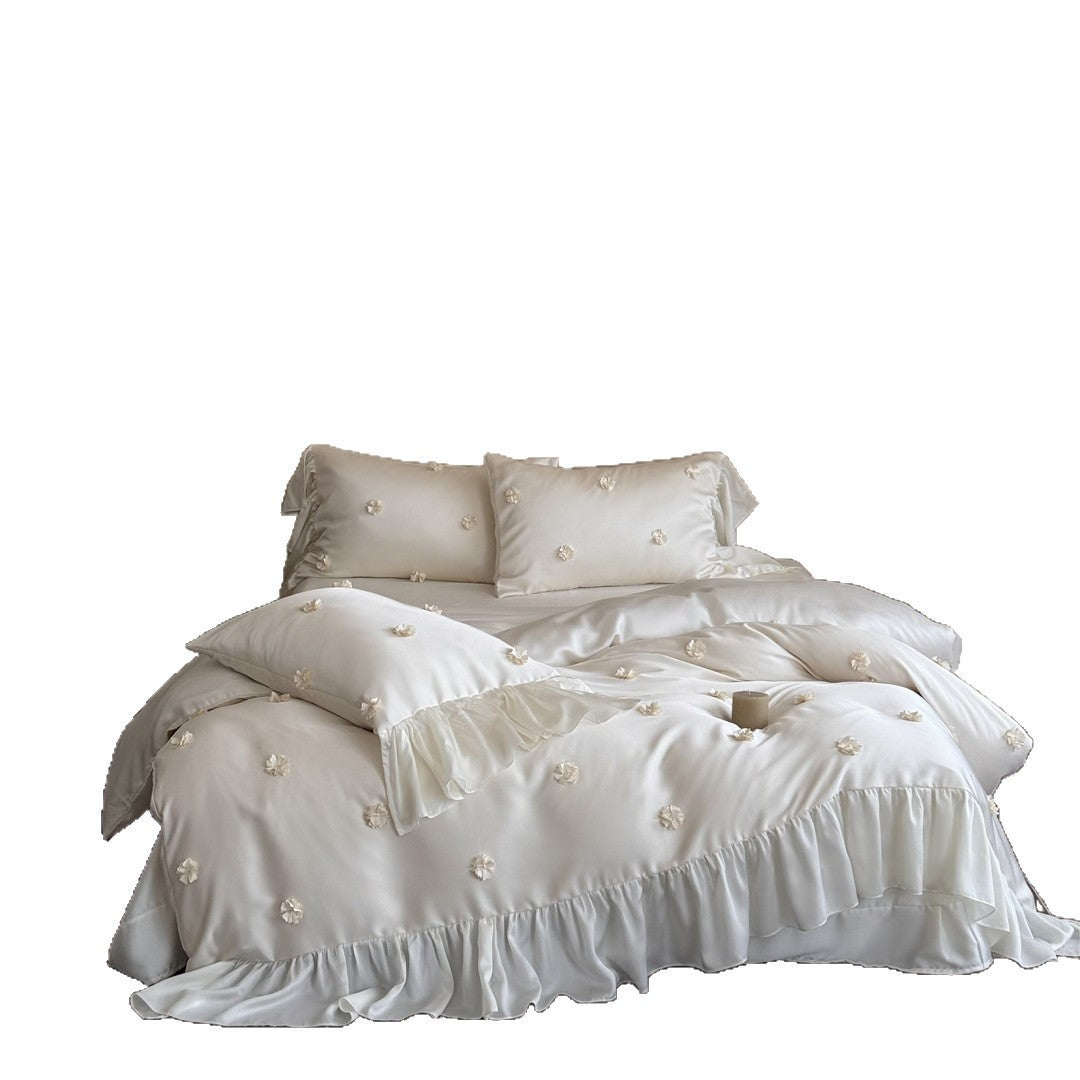 Ruffled Satin-Feel Floral Appliqué Duvet Cover Set with Decorative Shams