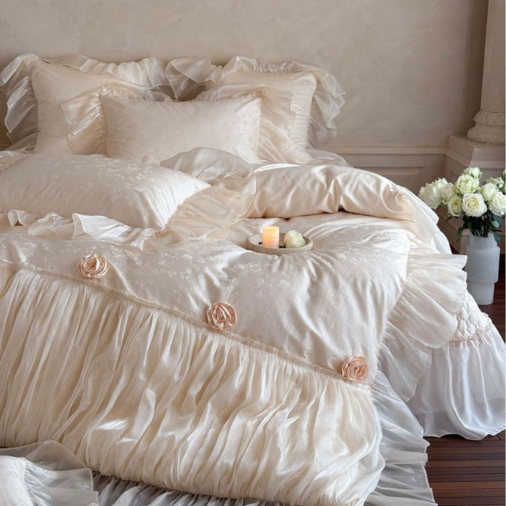 Luxurious satin bedding set with ruffles and rose appliqués