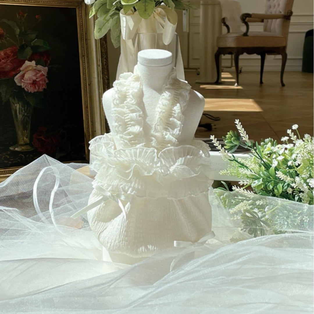 Infant Ruffle-Strap Textured Romper Dress with Organza Trim & Satin s